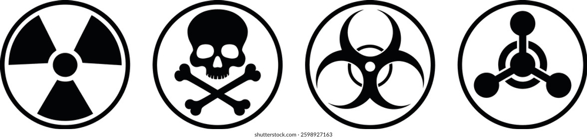 Danger Signs, Nuclear Radiation symbol , Chemical and Biological Hazard Icon Set. Radiation, Toxic, skull crossbones, Biohazard, Warning Symbols for Safety and Caution. Vector Illustration
