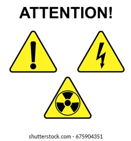 Danger signs on white background, electricity, radiation, attention