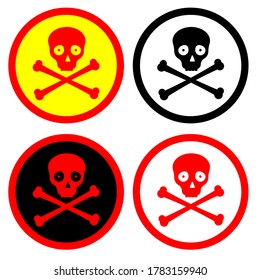 Danger signs set of skull and bones in a circle. Vector illustration of dangerous warning for stickers, print, app, web, icon design.