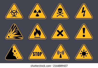 Danger signs that warn of possible danger to life and health. Yellow triangle warning of danger. Vector illustration