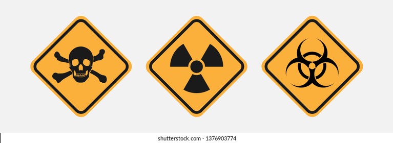 Danger signs, yellow diamond. Sign of radiation, toxicity and bio-hazard sign. Vector isolated icons on white background.