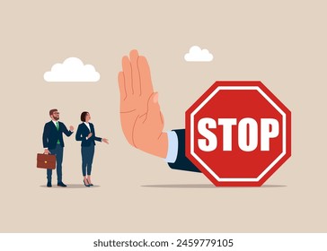 Danger situation. Stop sign and rejection concept. Red sign stop in hands and showing her palm with refusing. Important news. 