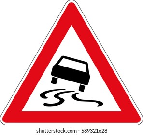 The danger of skidding or slipping due to moisture or dirt. Vector road sign Germany.