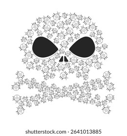 Danger skull crossbones made of digital bugs line illustration concept. Pests infestation malicious hacker. Malware computer viruses outline 2D composition isolated. Ink linear metaphor vector art