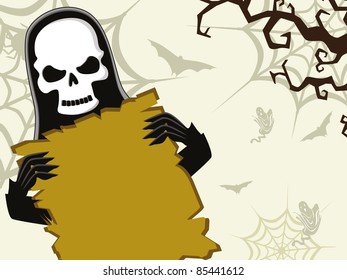 danger skull holding halloween party banner against of spooky cobweb, flying witch and bat background