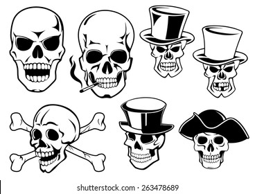 Danger skulls set with hat, crossed bones ans cigarette