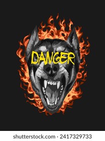 danger slogan with dog head on fire background hand drawn vector illustration