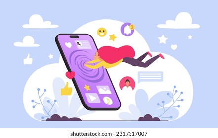 Danger of social media addiction vector illustration. Cartoon tiny woman and smartphone addict diving into hole in phone screen with app icons and online messages, addicted girl with gadget dependence