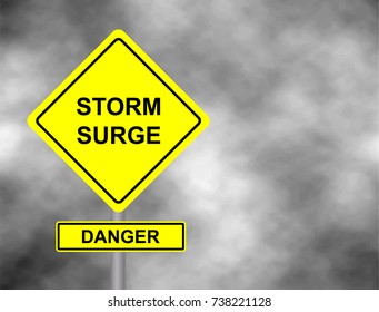 Danger storm coming road sign . Yellow hazard warning sign against grey sky - tornado warning, bad weather warning, vector illustration. Hurricane season with symbol sign against a stormy background. 