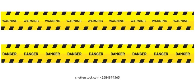 Danger stripe. Yellow and black set stripes. Barricade construction tape. Vector illustration isolated on white background