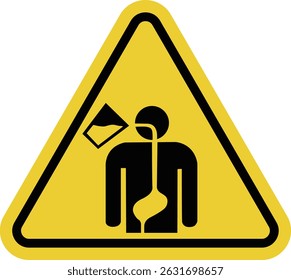 Danger of swallowing liquid sign. Risk of accidental or mistaken swallowing of dangerous liquid. Do not try or swallow contents. Warning yellow triangle road sign. Dangerous contents.