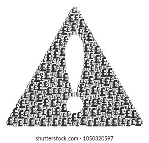 Danger Symbol collage done of pound sterling pictograms. Vector pound sterling design elements are combined into geometric hazard symbol composition.