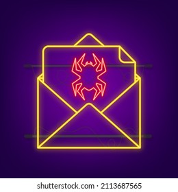 Ilustración vectorial del símbolo de peligro. Señal de la carta de protección contra virus. Alerta de virus informáticos. Estilo neón. Tecnología de internet de seguridad, seguridad de datos.