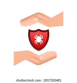 Danger symbol of virus over hands vector illustration. Virus protection. Computer virus alert. Safety internet technology, data secure.