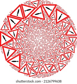 Danger symbols are composed into globe group. Danger icon round mosaic. Abstract round globula mosaic is combined from danger symbols.