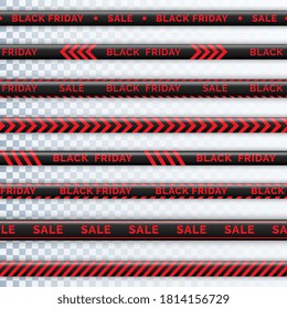 Viernes negro con cinta de peligro. Esgrima de cinta de advertencia. Bandas diagonales vectoriales negras y rojas. Cinta de friday negra con inscripción de venta