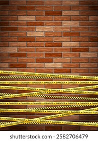 Danger tape on bricks background. Vector illustration.