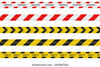 Danger tape quarantine. Warning coronavirus tape fencing. Black and yellow vector diagonal stripes. Epidemic covid-19 orange tape with quarantine inscription isolated on transparent background.