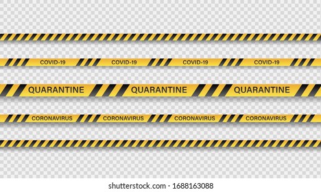 Danger tape quarantine. Warning tape fencing. Black and yellow vector diagonal stripes. Epidemic covid-19 orange tape with quarantine inscription