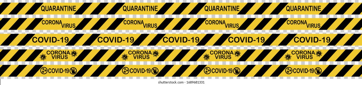 Danger tape quarantine. Warning tape fencing. Black and yellow vector diagonal stripes. Epidemic covid-19 orange tape with quarantine inscription isolated on transparent background. icon Vector EPS 10