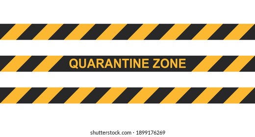 Danger tape quarantine zone. Warning tape fencing. Black and yellow vector diagonal stripes. Epidemic covid-19 orange tape with quarantine zone inscription