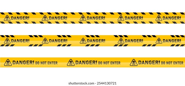 Danger tape set. Road, sign, worksite, hazard area, sign for road, caution ribbon banner for construction. Vector illustration on transparent PNG background.