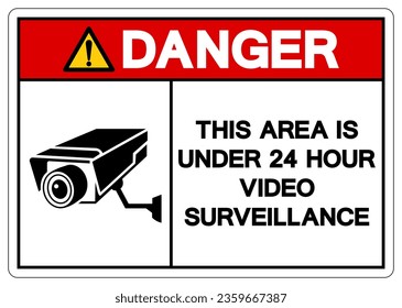 Peligro Este Área Es De Menos De 24 Horas Símbolo De Vigilancia De Vídeo, Ilustración Vectora, Aislado En Etiqueta De Fondo Blanco. EPS10