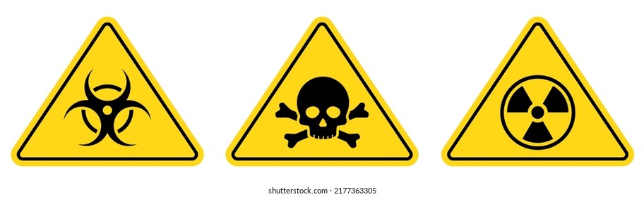 Danger toxic, poison, toxic, biohazard caution sign. Skull, virus, chemical danger yellow triangle symbol element. Vector illustration