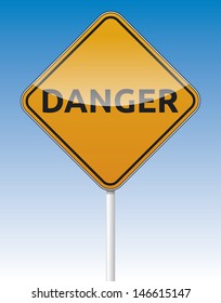 Danger traffic sign with reflection with blue sky background 