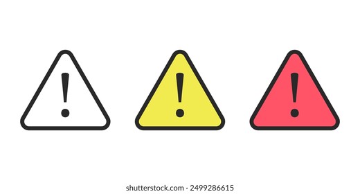 Ilustración de signo de triángulo de peligro en 3 variaciones aisladas sobre fondo blanco. Iconos del vector en estilo plano