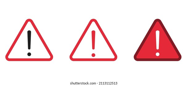 Danger triangle signs set in red and white color. Attention symbol with exclamation mark icon. Risk sign. Caution error. Template for your design. Vector illustration