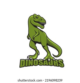 Danger tyrannosaur dinosaur mascot. T-rex monster, aggressive jurassic reptile university, school or college sport team mascot vector symbol. Roaring tyrannosaurus, ferocious raptor animal mascot