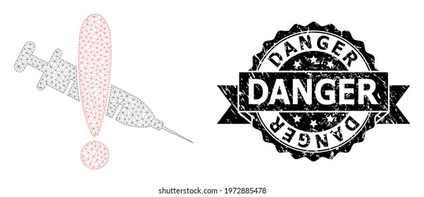 Danger unclean stamp seal and vector danger vaccine mesh model. Black seal includes Danger text inside ribbon and rosette. Abstract flat mesh danger vaccine, designed with flat mesh.