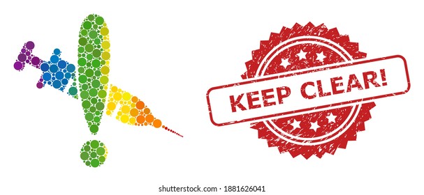 Danger vaccine collage icon of spheric elements in variable sizes and LGBT colored color tinges, and Keep Clear Exclamation dirty rosette stamp. A dotted LGBT-colored Danger vaccine for lesbians, gays