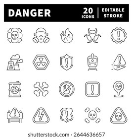 Ícones de vetor de perigo no estilo de linha. Ícones de linha fina relacionados a perigos