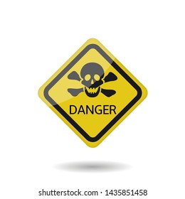 Danger vector sign. Yellow warning badge, Skull and bones Vector illustration