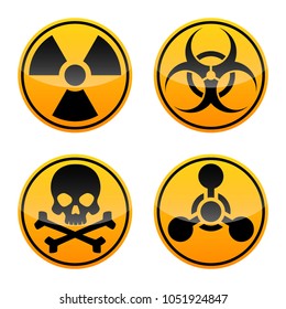 Danger vector signs set. Radiation sign, Biohazard sign, Toxic sign, Chemical Weapons Sign.