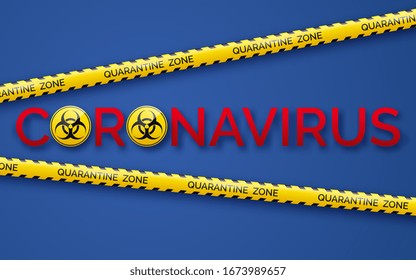 Danger vector tape quarantine zone, biohazard signs and coronavirus. Warning tape fencing. Pandemic covid-19 yellow tape with quarantine inscription on blue background