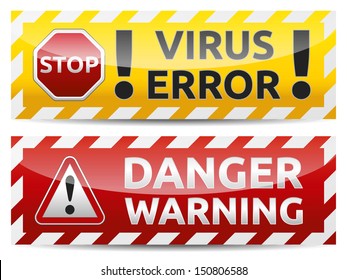 Danger virus warning and danger banner. Isolated, multicolor version on white background.