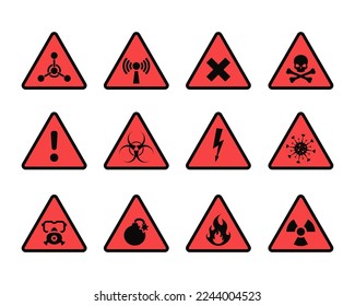 Danger warning alert triangles. Sign radiation hazard, danger zone warning, danger message high voltage, nuclear radiation caution.