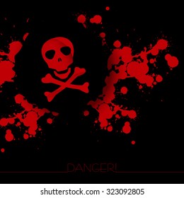 Danger warning background with abstract blots and skull with bones.