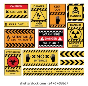 Danger warning boards icon set. Caution and dangerous areas. Yellow signs for safety, hazard shock. Keep out caution warning and risk zone. Vector cartoon illustration