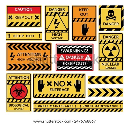 Danger warning boards icon set. Caution and dangerous areas. Yellow signs for safety, hazard shock. Keep out caution warning and risk zone. Vector cartoon illustration