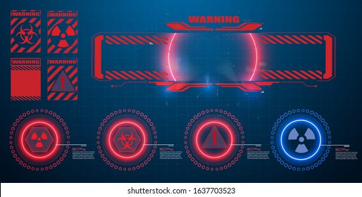 Danger warning circle red sign. Blue and red futuristic frame, radiation sign, toxic sign in modern HUD, GUI, UI  style background. Frame screens. Hi-tech callout bar labels, digital templates. Icon