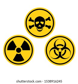 Danger warning circle yellow sign. Radiation sign, Toxic sign and Bio hazard vector icon isolated on white background.