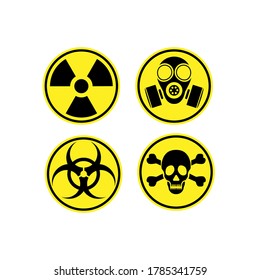 Danger warning circle yellow sign. Radiation sign, Toxic sign and Bio hazard vector icon isolated on white background.