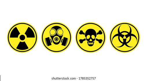 Danger warning circle yellow sign. Radiation sign, Toxic sign and Bio hazard vector icon isolated on white background.