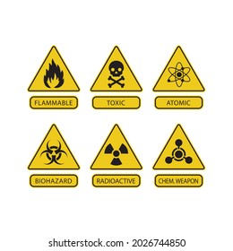Danger warning circle yellow sign. Radiation sign, Toxic sign and Bio hazard vector icon. Isolated on a blank, editable and changeable background.