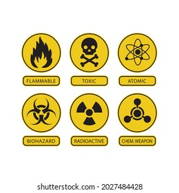 Danger warning circle yellow sign. Radiation sign, Toxic sign and Bio hazard vector icon. Isolated on a blank, editable and changeable background.