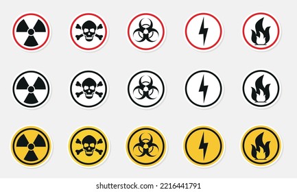 Signo amarillo de círculo de advertencia de peligro. Signo de radiación, signo tóxico e icono del vector de riesgo biológico aislado en fondo blanco. Pasos 10